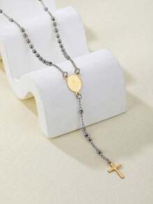 1pcs Religious Christian Stainless Steel Necklace Silver Women's Virgin Mary Jesus Cross Pendant Long Beaded Chain Fashion Jewelry