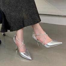 8.5cm Heel Pointed Toe Crystal Metallic Sandals - For Everyday And Parties - Plateado - Ver 1