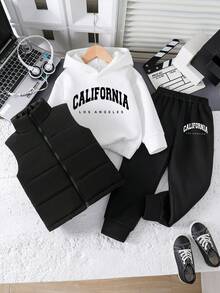 Toddler Letter Print Hoodie & Pants Set With Padded Lining Vest - Black - View 1