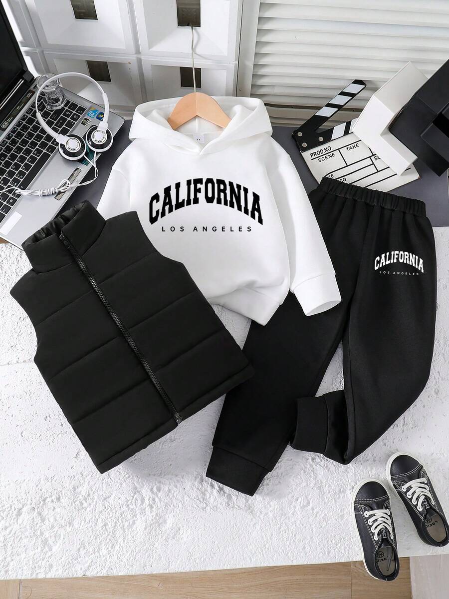 Toddler Letter Print Hoodie & Pants Set With Padded Lining Vest - Black - View 1