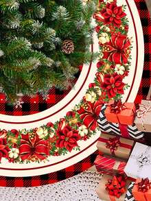 圣诞树裙，红色格子圣诞树裙，节日花卉图案，圣诞树裙布，适合家居圣诞装饰，圆形树裙