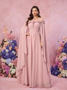 SUPGIR Off Shoulder Cape Flared Sleeve Chest Flower Decor Pleated Waist Chiffon A-Line Formal Dress - Pink - View 3