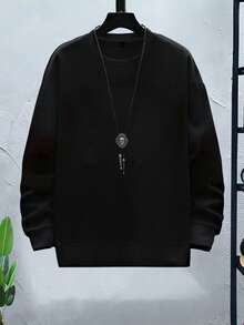 2pcs/Set Men's Solid Color Drop Shoulder Long Sleeve Casual Loose Crew Neck Sweatshirt - Black and White - View 4