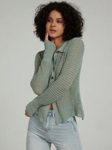 Se-Hore Mode Décontractée Cardigan Tricoté à Col Polo Manches Longues Ajouré, Polyvalent Pour Trajets Quotidiens/Rétro Américain/Loisirs Confortables, Automne