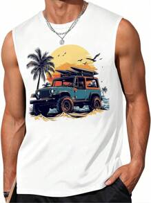 1pcs Stylish Men's Tank Top With Unique Sunset  And Surfboards Graphic Print Vest, Perfect For Summer Beach Vacation, Ideal For Surfing Enthusiasts, Is A Great Gift ChoiceEthnic Style Pure Cotton Printed T-Shirt Suitable For Casual Outings - 白色 - 查看 1