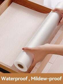 1 Rollo de 11.8*118 pulgadas Forro para estantes, forro para cajones, forro para gabinetes. Material de EVA semi-transparente, resistente al agua, a la humedad, al moho, al aceite y antideslizante. Grueso, resistente al desgaste, lavable y reutilizable, se puede cortar a medida, adecuado para estantes, gabinetes, refrigeradores, cajones, estantes para zapatos, sin adhesivo - Blanco - Ver 12