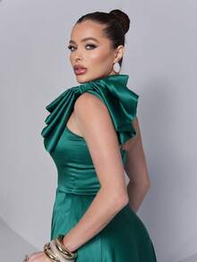 Long Dress For Bridesmaid – One Shoulder With Ruffle And Slit Elegant Simple Elegant Party Satin Side Opening Zipper Pleated Bridesmaid Civil Wedding Debutante Graduate Formal And Evening - 翡翠綠 - 查看 4