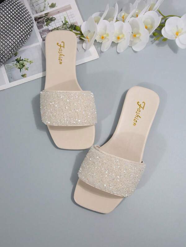 Plus Size Women's Flat Sandals, Vacation Style Summer Casual Versatile Rhinestone Decorated Slip-On Sandals