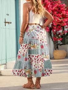 New Four-Season Bohemian C Pastoral Fresh Full-Body Floral Print Multi-Layered Tiered Ruffled Flounced Plus-Size Midi Skirt For Hawaii Vacation. Suitable For Dates, Beaches, Independence Day, And Valentine's Day.