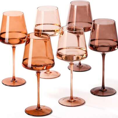 ELERGIFTS 6pcs,18oz,Venus Colored Wine Glasses[Hand Blown] Brown Wine Glasses With Tall Long Stems And Flat Bottom, Amber Colored Glassware-Unique Gifts For Wine Lovers,Wedding,Kitchen Accessories