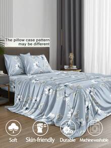 4件套蓝色花叶图案床上用品套装，柔软超细纤维易护理床上用品套装，花卉图案床单套装（1张床单+1张床笠+2个枕套），送给父母、朋友的礼物，宿舍床上用品，返校季必备