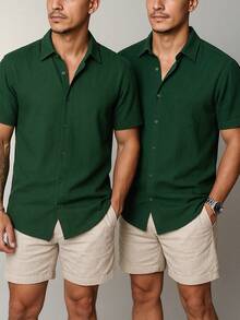 Kit Of 2 Men's Short Sleeve Linen Shirts, Fresh Viscolinho, Social Fashion, Elegant Italian Collar, Old Money - 2 綠黨 - 查看 1