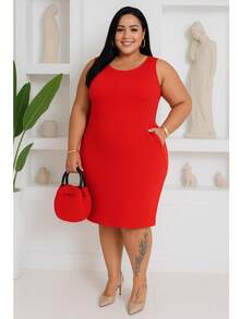 Plus Size Midi Dress With Waist And Modern Casual Shapewear - Đỏ - Xem 3