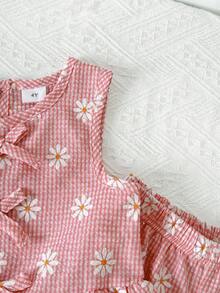 2pcs Girls Daisy Print Plaid Top And Pants Set, Summer - Pink - View 6