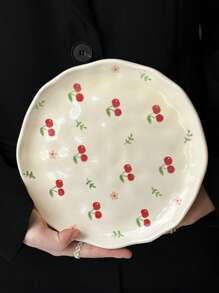 1pc Ins-Style Handpainted Asymmetrical Ceramic Plate, Cute Cartoon Cherry Heart Plate, Dessert Snack Dish, Afternoon Tea Cake Plate, Western Dinnerware, Steak Pasta Plate, Fruit Salad Plate, Holiday Gift For Family & Friends