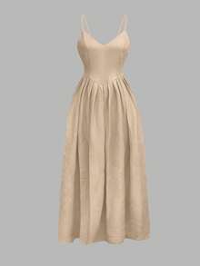 Váy yếm xếp ly hở lưng dành cho nữ cỡ lớn, mùa xuân/hè - Màu Khaki - Xem 2