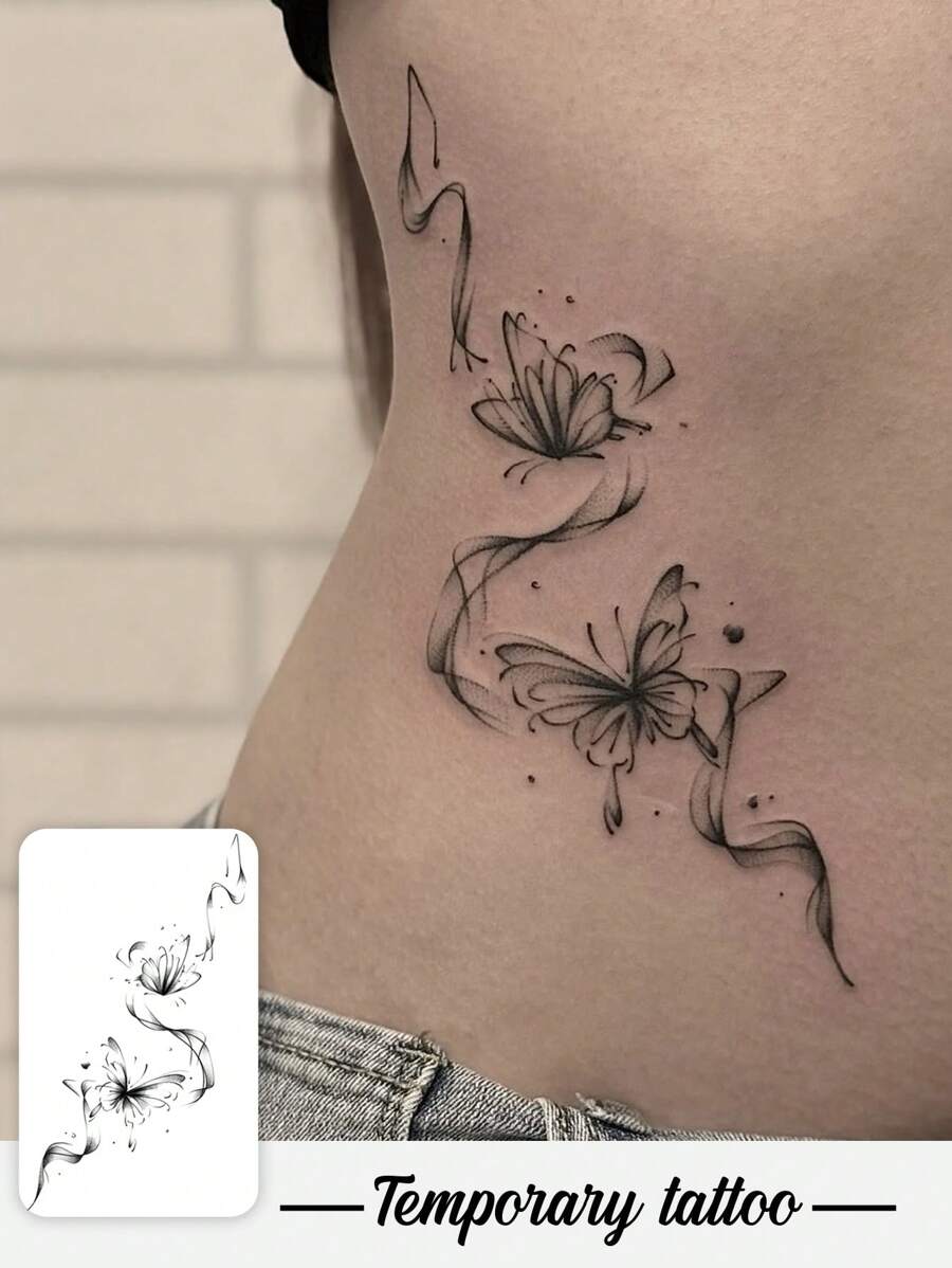1pc Y2K Style Black Ink Ribbon Butterfly Temporary Tattoo Sticker, Waterproof Sweat-Proof Washable Fake Tattoo For Arm, Shoulder, Suitable For Fashion People