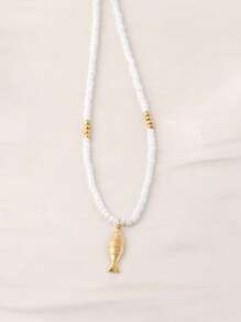 1pc 2025 Summer Beach Small Rice Pearl Necklace With Miniature 18K Gold Plated Stainless Steel Seahorse, Shell, And Starfish Pendant For Women, Casual And Resort Wear