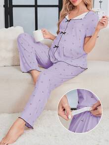Maternity Sleepwear Set, Minimalist V-Neck With Cute Cherry Print And Bow Accent Maternity Loungewear Set - Mauve Purple - View 1