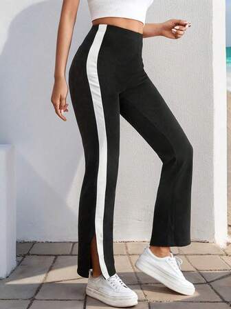 女士户外运动弹力健身瑜伽裤，高端黑白拼接开叉喇叭裤，修身舒适提臀，适合室内外运动，健身房训练，跑步，舞蹈瑜伽裤，女士休闲裤