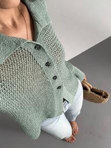 Se-Hore Mode Décontractée Cardigan Tricoté à Col Polo Manches Longues Ajouré, Polyvalent Pour Trajets Quotidiens/Rétro Américain/Loisirs Confortables, Automne