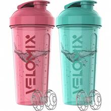 2 Pack 28oz Fitness Shaker Bottles With Stainless Steel Whisk Balls, Leakproof Protein Mixer Cup For Gym Workout School Travel, Includes Cleaning Brush & Wide Mouth Design For Easy Mixing - 3)粉紅色/綠松石色 - 查看 1