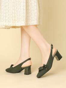 1 Pair Square Toe Slip-On Shoes With Bowknot, Solid Color Backstrap Chunky Heel Pumps For Women, Suitable For Outdoor Walking, Party, Office, Skirts, Casual Pants