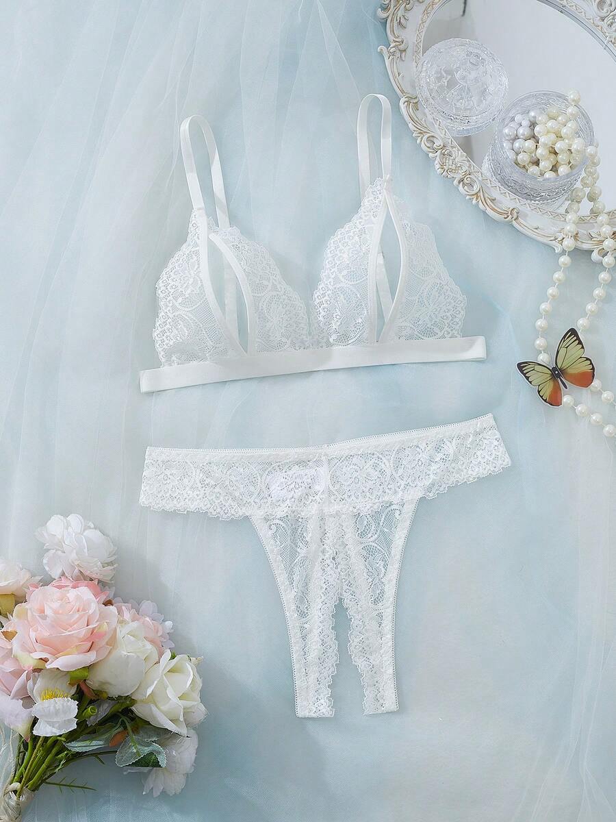 2 件花卉蕾丝内衣套装，开杯文胸和开裆丁字裤，性感女士内衣和睡衣套装
