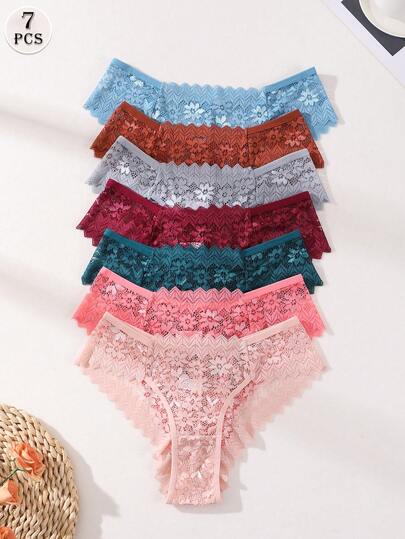 7pcs/Pack Sexy Lace Patchwork Bikini Panties, Women's Low Waist Seamless Thong, Hollow Out Design, Soft Stretchy, Comfortable Fit, Suitable For Daily Wear, Sports, Yoga And Intimate Occasions.