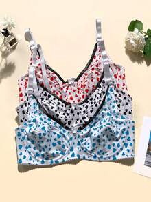 3 pièces Soutien-gorge pour femmes de grande taille avec décoration en nœud, imprimé cœur, armatures, bretelles réglables et garniture en dentelle - Multicolore - Voir 3