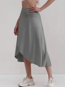 Plus Size Asymmetrical Hem Skirt, Black High Waist Long Skirt Design, Slimming Umbrella Skirt