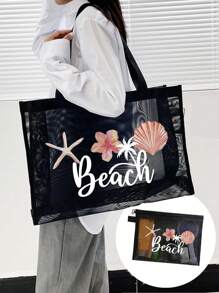 1pc/2pcs Set Breathable Beach Mesh Tote Bag, Beach Vacation Patchwork Design, Ocean, Starfish, Pearl Print & Letter Pattern, Large Capacity Mesh Tote Bag, Multifunctional Large Capacity Polyester Mesh Shoulder Tote Bag And Cosmetic Bag Set - Beach Vacation Storage & Shopping - Suitable For Teenage Girls And Women - Black - View 17