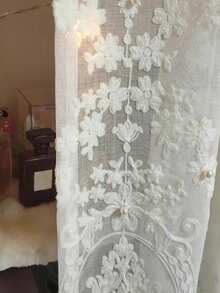 1pc White Flower Embroidered Sheer Panel Curtain, Modern Polyester Light Filtering Privacy Sheer Curtain For Living Room, Bedroom - White - View 7