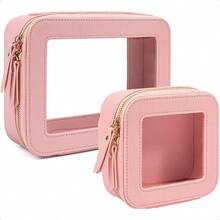 Clear Makeup Bag Small Makeup Bag TSA Approved Toiletry Bag Cosmetic Travel Bag Cute Makeup Bag Organizer Makeup Case Pouch Car Essentials For Women Men - 迷你+大粉紅色 - 查看 1