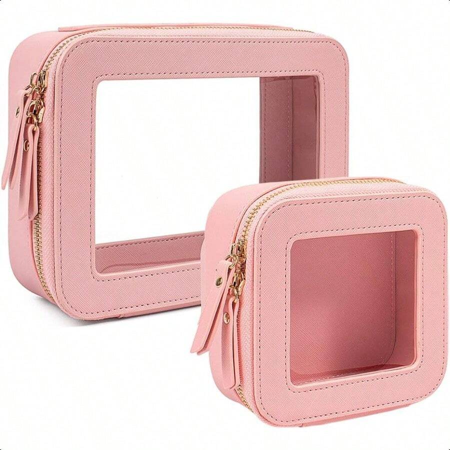 Clear Makeup Bag Small Makeup Bag TSA Approved Toiletry Bag Cosmetic Travel Bag Cute Makeup Bag Organizer Makeup Case Pouch Car Essentials For Women Men - 迷你+大粉紅色 - 查看 1