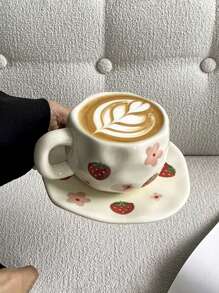 1 件复古草莓花陶瓷杯，手绘蝴蝶和樱桃不对称形状咖啡杯，茶拿铁杯，早餐牛奶杯，水杯，返校礼物