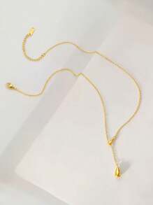 1pc Stainless Steel Minimalist Design Double Water Drop Tassel Adjustable Necklace, Elegant For Daily Wear