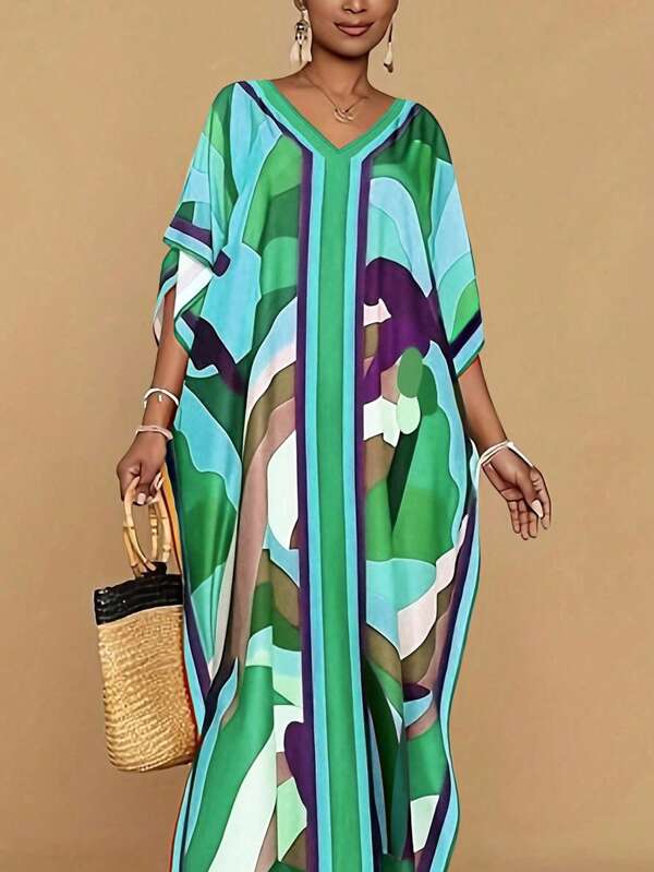 Fashion Casual Printed V-Neck Short Sleeve Plus Size Women Dress