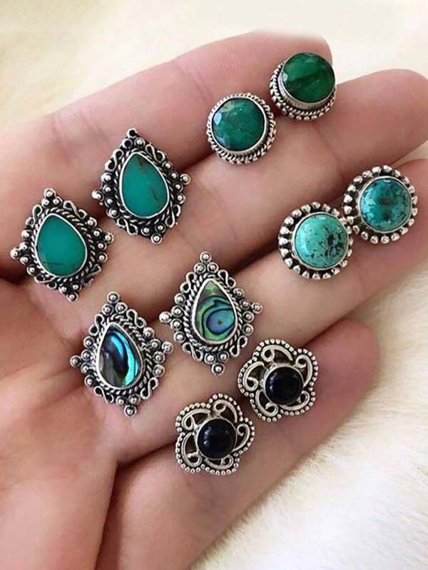 10pcs/Set Vintage Bohemian Style Faux Gem Crystal Water Drop Earrings Set For Women