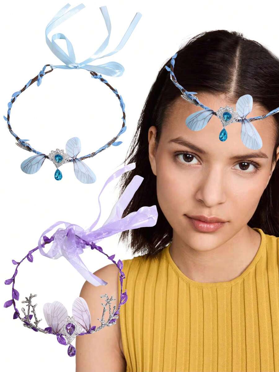 1件套梦幻蝴蝶翅膀树叶皇冠水钻发箍，公主风头饰，适合新娘、伴娘、婚礼、派对、拍照、节日、假日佩戴，是理想的礼物之选。 - 彩色 - 查看 1