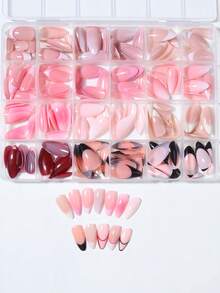288Pcs/Box (12 Mixed) Long Almond Glossy Solid Color& French Design Tips Press On Almond Nails Perfect Fit Acrylic False Nails Set, Includes 4Pcs Jelly Glue And 2Pcs Nail File , Suitable For Women And Girls Daily Life And Party Use Nail Supplies Nails