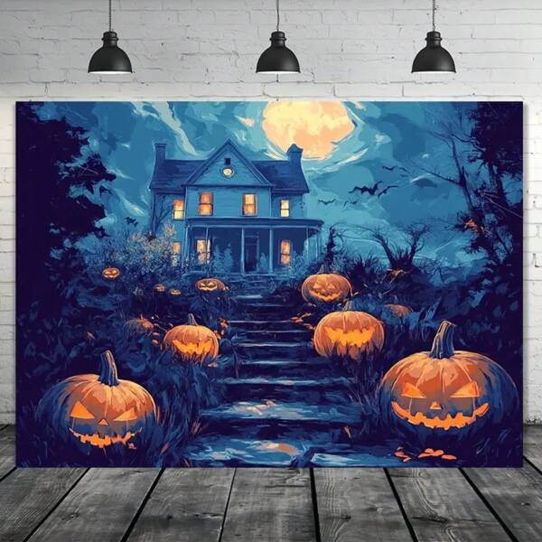 Fondo de Halloween con estilo art decó - Banner fotográfico con tema de carnaval con caramelos de arcoíris y linternas de calabaza, adecuado para cabinas fotográficas de trick or treat, decoración interior navideña y diversas ocasiones