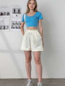 Verano de las mujeres de cintura alta Slim Loose Casual Peplum Pantalones de pierna ancha Inicio Shorts Conjunto de dos piezas,Poliéster Casual Shorts Conjunto de dos piezas,Waffle Sport Shorts,Pantalones cortos casuales de las mujeres - Blanco y bronce - Ver 1