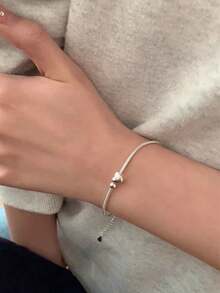 BALMORA 1 pieza Pulsera de plata de ley 925 con cuentas en forma de corazón, emparejada con una cadena minimalista de hueso de serpiente, adecuada para el estilo coreano de vestir de mujeres, uso diario, también se puede regalar a amigos - Plateado - Ver 6