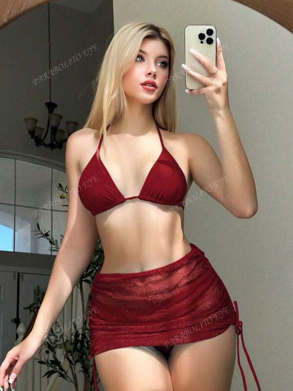 Traje de baño de malla de color sólido para mujer, conjunto de 3 piezas, conjunto de traje de baño sexy y de moda, un artículo imprescindible para nadar, playa y vacaciones en aguas termales.