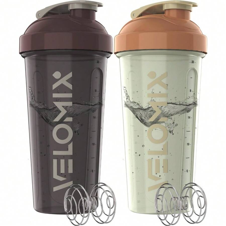 2 Pack 28oz Fitness Shaker Bottles With Stainless Steel Whisk Balls, Leakproof Protein Mixer Cup For Gym Workout School Travel, Includes Cleaning Brush & Wide Mouth Design For Easy Mixing - 軟沙色/焦赭色 - 查看 1