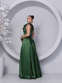 Long Dress For Bridesmaid – One Shoulder With Ruffle And Slit Elegant Simple Elegant Party Satin Side Opening Zipper Pleated Bridesmaid Civil Wedding Debutante Graduate Formal And Evening - 橄欖綠 - 查看 4