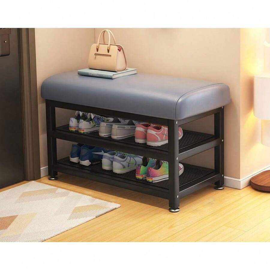 Upholstered Bench And Shoe Rack With 2 Organizing Shelves Entryway Seat Industrial Shoe Organizer Pouffe - Grey - View 1
