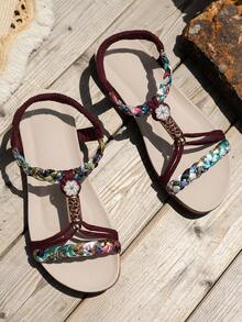 WRCVS 女士勃艮第凉鞋，夏季平底凉鞋，编织平底鞋，轻便，适合海滩、度假，手工串珠花卉图案随机户外凉鞋