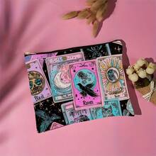 1 pieza, Bolsa de maquillaje con estampado de patrón de lectura de tarot - Estilo de facultad gótico oscuro Bolsa de medicina reutilizable, Bolsa de lápices con estética de entusiasta de la adivinación del futuro, Bolsa de maquillaje, Bolsa de almacenamiento de viaje y maquillaje - Para la escuela, la decoración del hogar de verano, el almacenamiento de joyas, la bolsa de aperitivos, 9in*6in